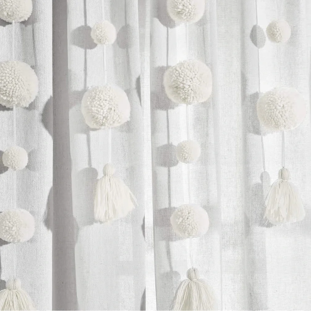 Lush Decor Boho Pom Pom Tassel Linen Textured Window Curtain Panel, Single panel